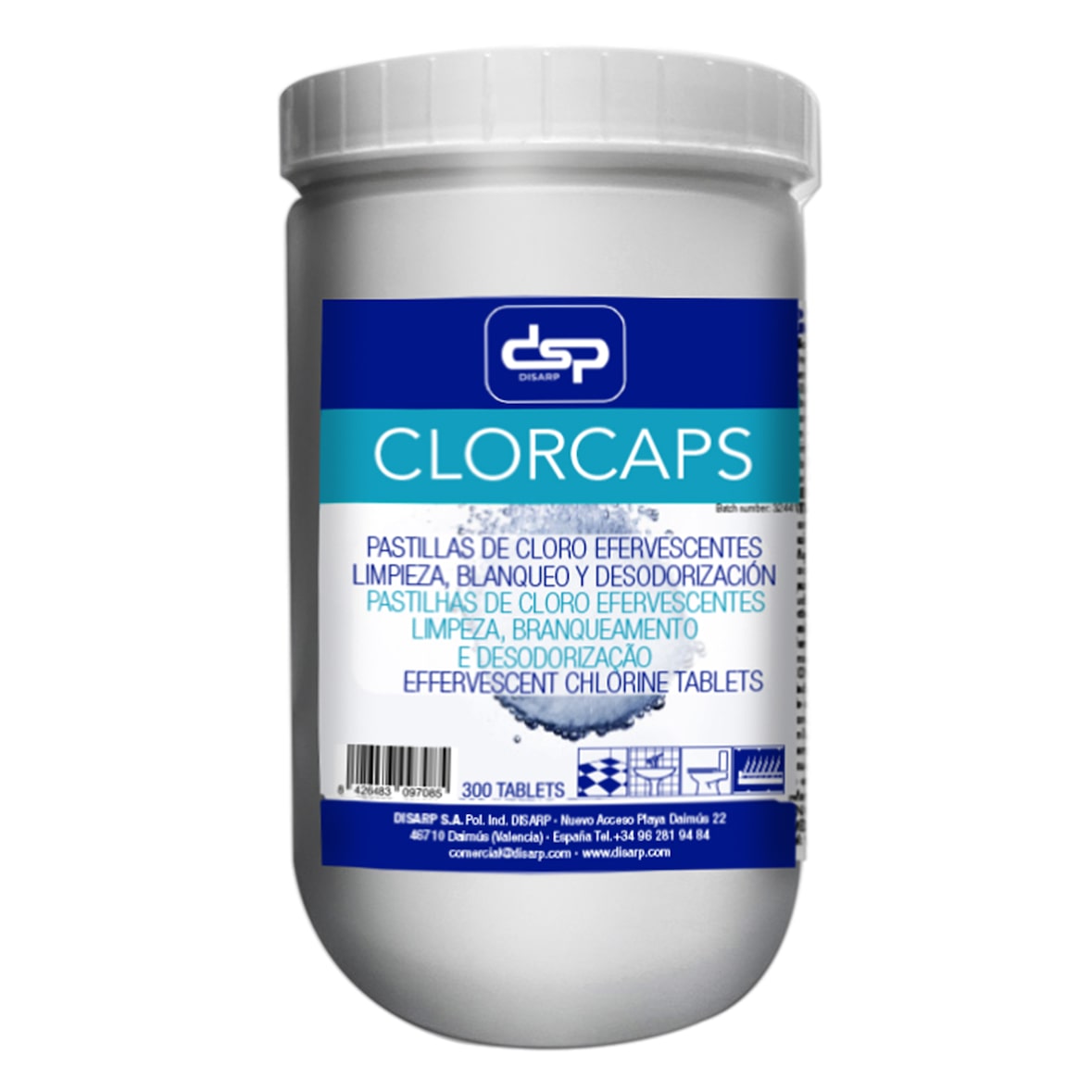 Lejía en Pastillas. Clorcaps Bote de 300 Pastillas limpiadoras efervescentes, blanqueadoras y eliminadora de olores. 1 kg.