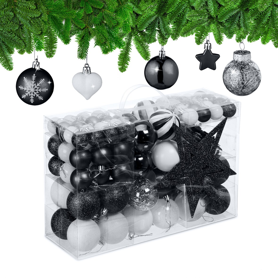 Relaxdays Weihnachtskugeln 101er Set, Kunststoff, Weihnachtsbaumdeko mit Kugeln, Spitze, Christbaumschmuck, schwarz/weiß
