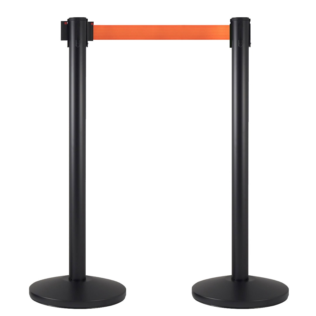 Danieli Store | Postes separadores negro con cinta extensible hasta 3 mt, retráctil y con Sistema de Seguridad | Base Reforzada y cinta naranja