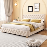 thumbnail of Merax Polsterbett, Massivholz Doppelbett 160x200cm mit Lattenrost und Polster-Kopfteil, Hellbeige