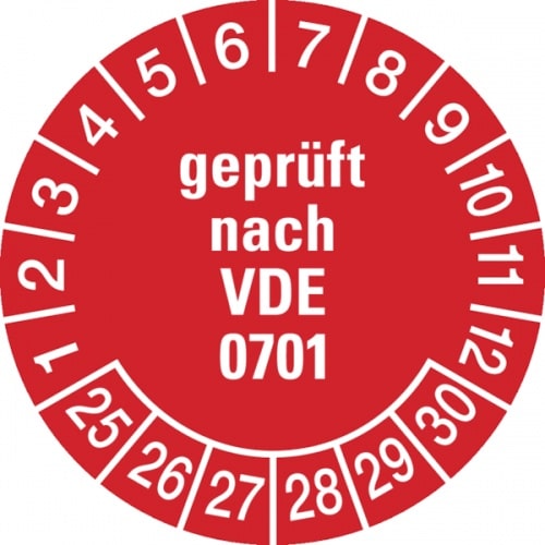 Prüfplakette ab 25, geprüft ab 25 nach VDE 0701, rot/weiß, Ø 30 mm - Bogen = 10 Plaketten - 30 mm Folie selbstklebend