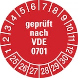 thumbnail of Prüfplakette ab 25, geprüft ab 25 nach VDE 0701, rot/weiß, Ø 30 mm - Bogen = 10 Plaketten - 30 mm Folie selbstklebend