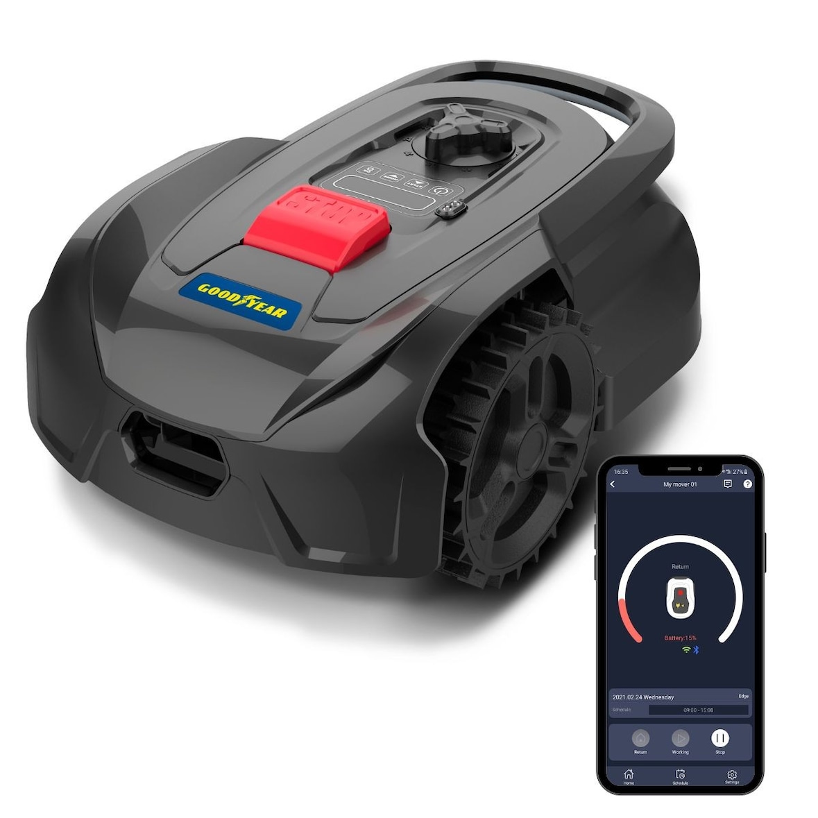 Geconnecteerde robotmaaier voor gazons van 500 m2, 300 m perimeterkabel + laadstation - bediening via de GOODYEAR-app