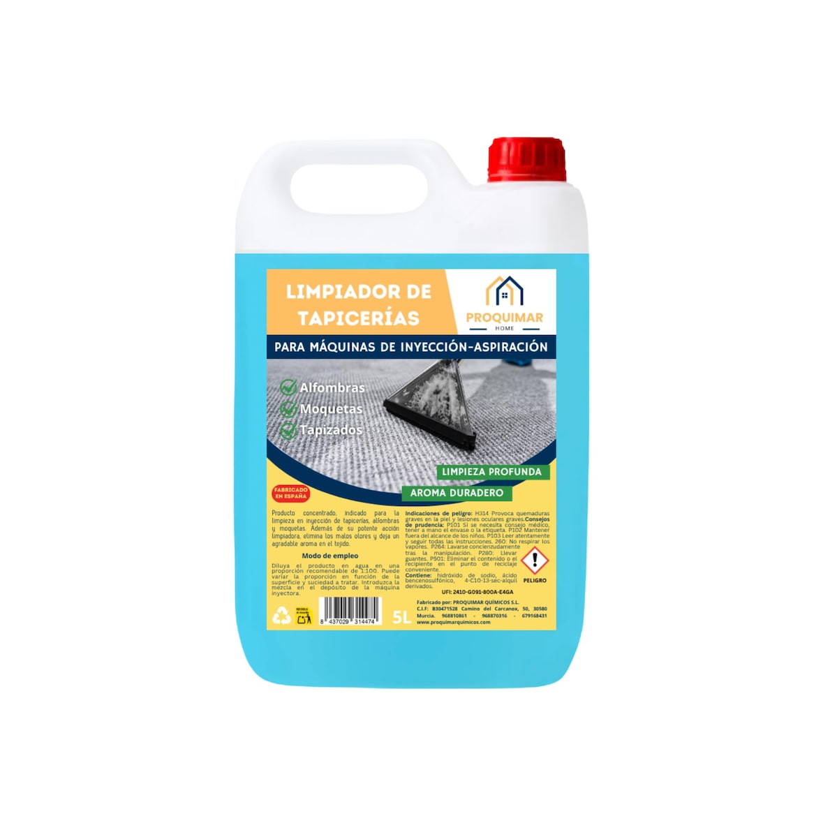 Limpiador de Tapicerías para Máquinas de Inyección – Calidad Profesional – Elimina Manchas y Olores en Tapicerías, Sofás y Alfombras – Garrafa 5L