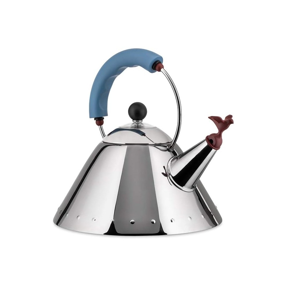 9093, bollitore in acciaio inox con fischietto azzurro, alessi