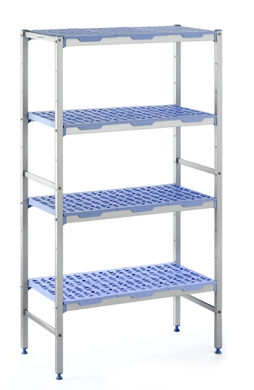 Alu Tournus-legbord met geperforeerde kunststof panelen: 690mm lang, 400mm diep, 1750mm hoog, 4 niveaus Basislegbord Draagvermogen: 200 kg/niveau
