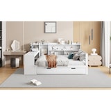 thumbnail of Schlafsofa 140x200 cm aus Massivholz mit ausziehbarem Bett, Schreibtisch, Regalen, Schubladen und Steckdose – multifunktionales Möbel Weiß