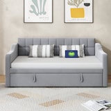 thumbnail of Ausziehbares Schlafsofa 90/180x190 cm mit Samtbezug, USB-Ports, Stauraum, hydraulisch, komfortables Polsterbett, modernes Design Hellgrau