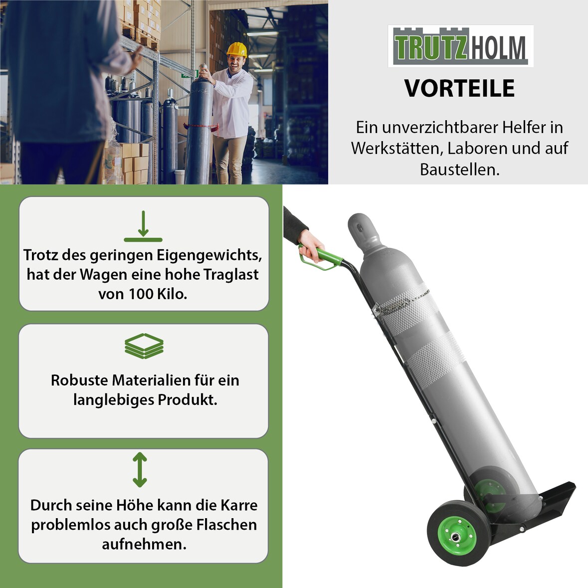 Gasflaschenkarre 100kg Traglast mit Handschutzbügel & Sicherungskette Transport von technischen Gase