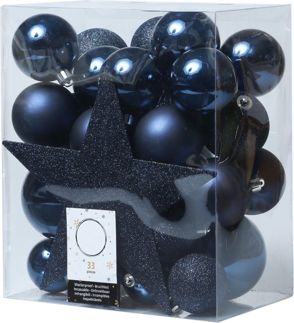 Christbaumkugeln Weihnachtskugeln mit Stern Baumspitze blau 33 Stück