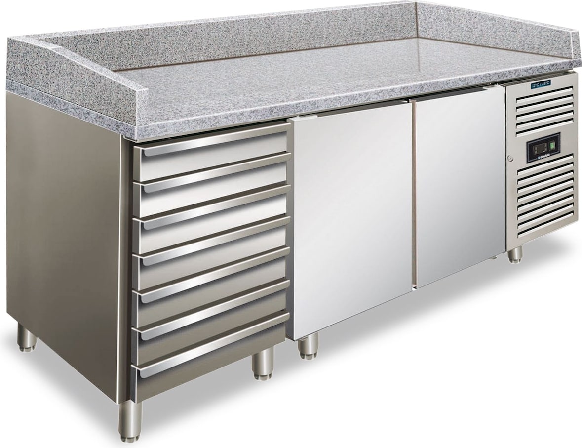 Edelstahl-Pizzatheke mit 2 Türen und 7 Schubladen. Granit-Arbeitsplatte. Temp. +2°/+8 °C. Automatische Abtauung. Maße 202,5x80x100 cm. PZF02C