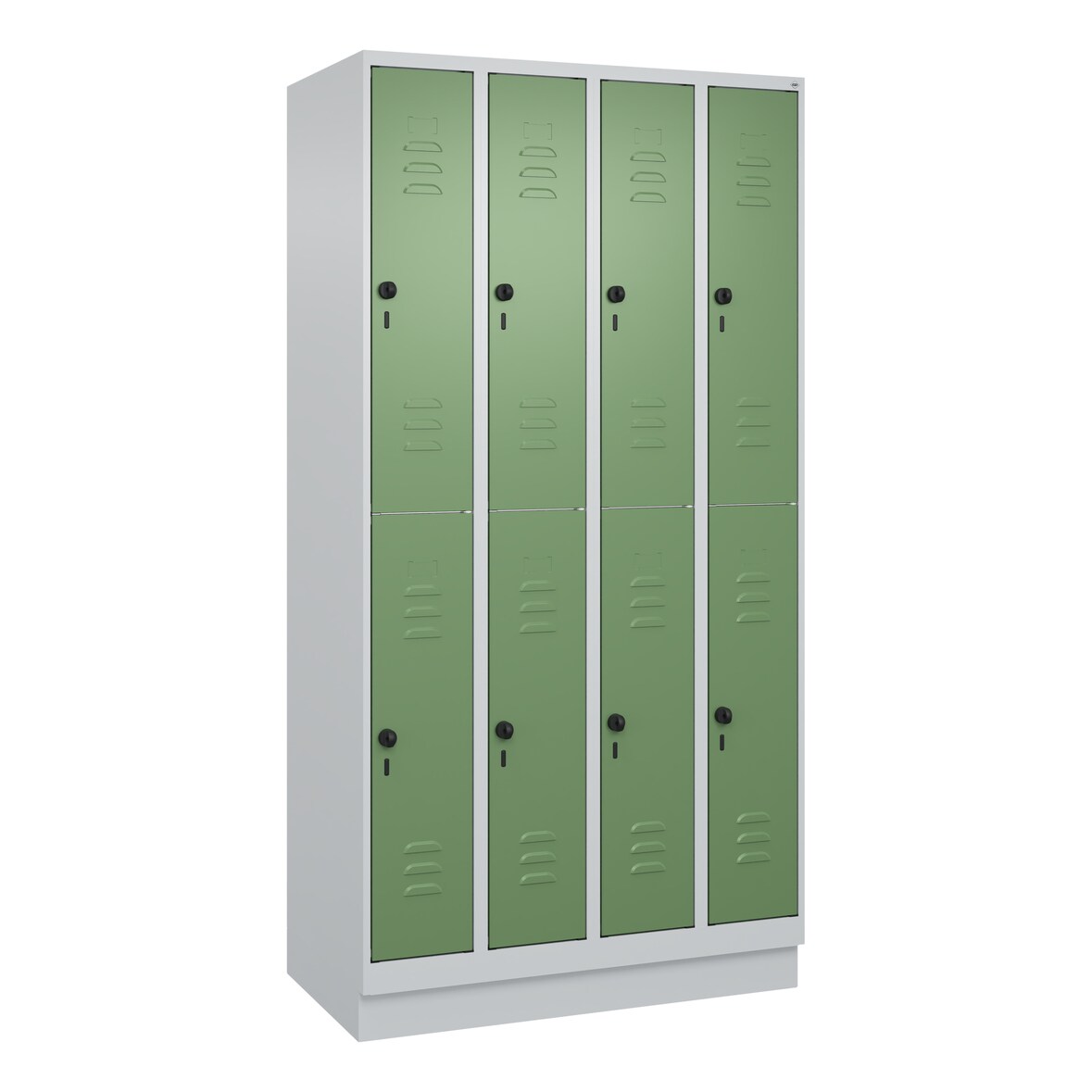 C+P Spind Classic PLUS, Sockel, 8 Abteile, HxBxT 195x100x50cm, Sicherheitsdrehriegel, Hellgrau/Resedagrün von PROREGAL