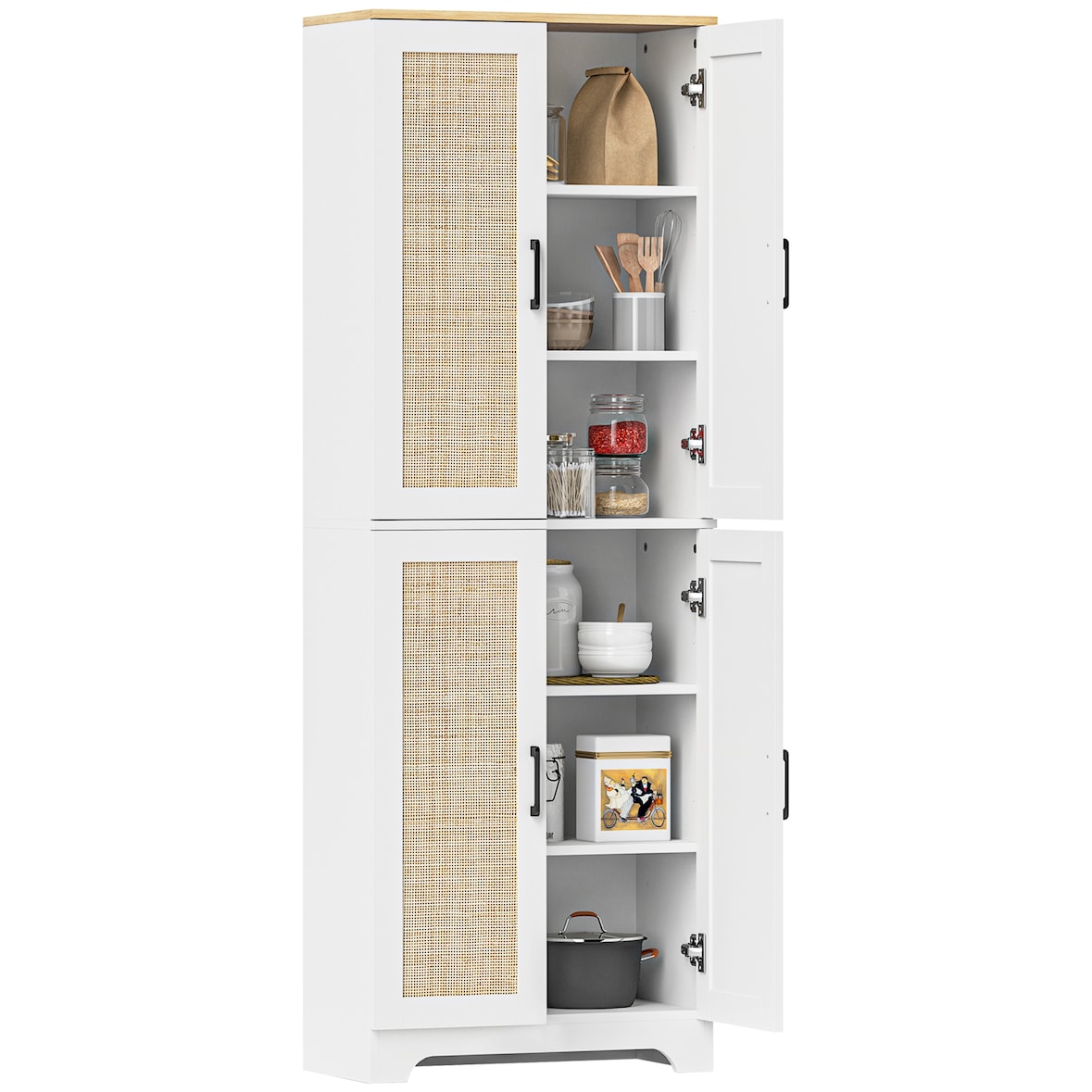 HOMCOM alacena de cocina mueble auxiliar de cocina con estantes ajustables puertas de ratán y sistema anti-vuelco 60x30x170 cm blanco
