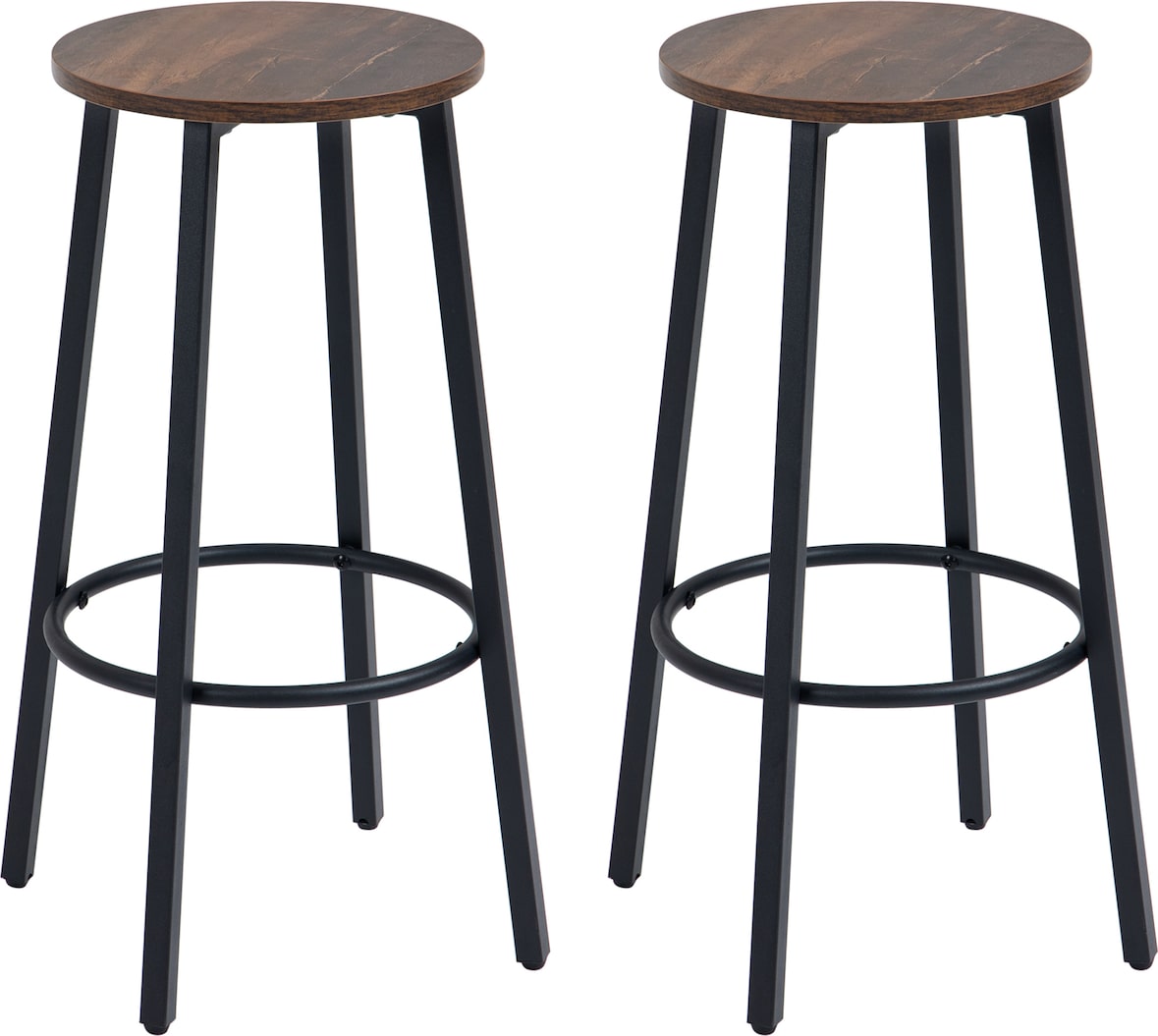 Barhocker 2er Set 42x42x65 cm Braun mit Fußstütze Stahlgestell rutschfeste Füße Industrial Design Sitzfläche in Holzoptik