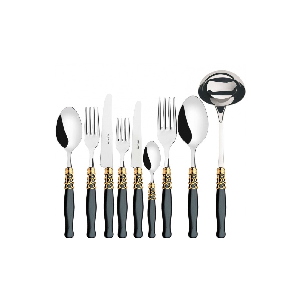 selene, posate set 75 pz ghiera oro manico nero, scatola gallery, casa bugatti
