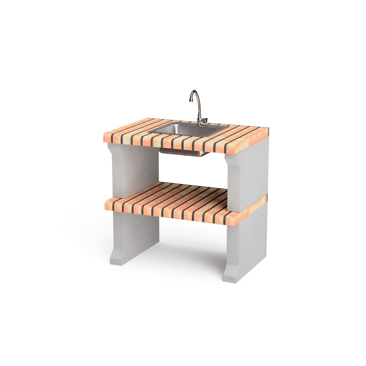 Modul Alcoa, Arbeitsplatte aus farbigem Ziegelstein mit Spüle und Wasserhahn