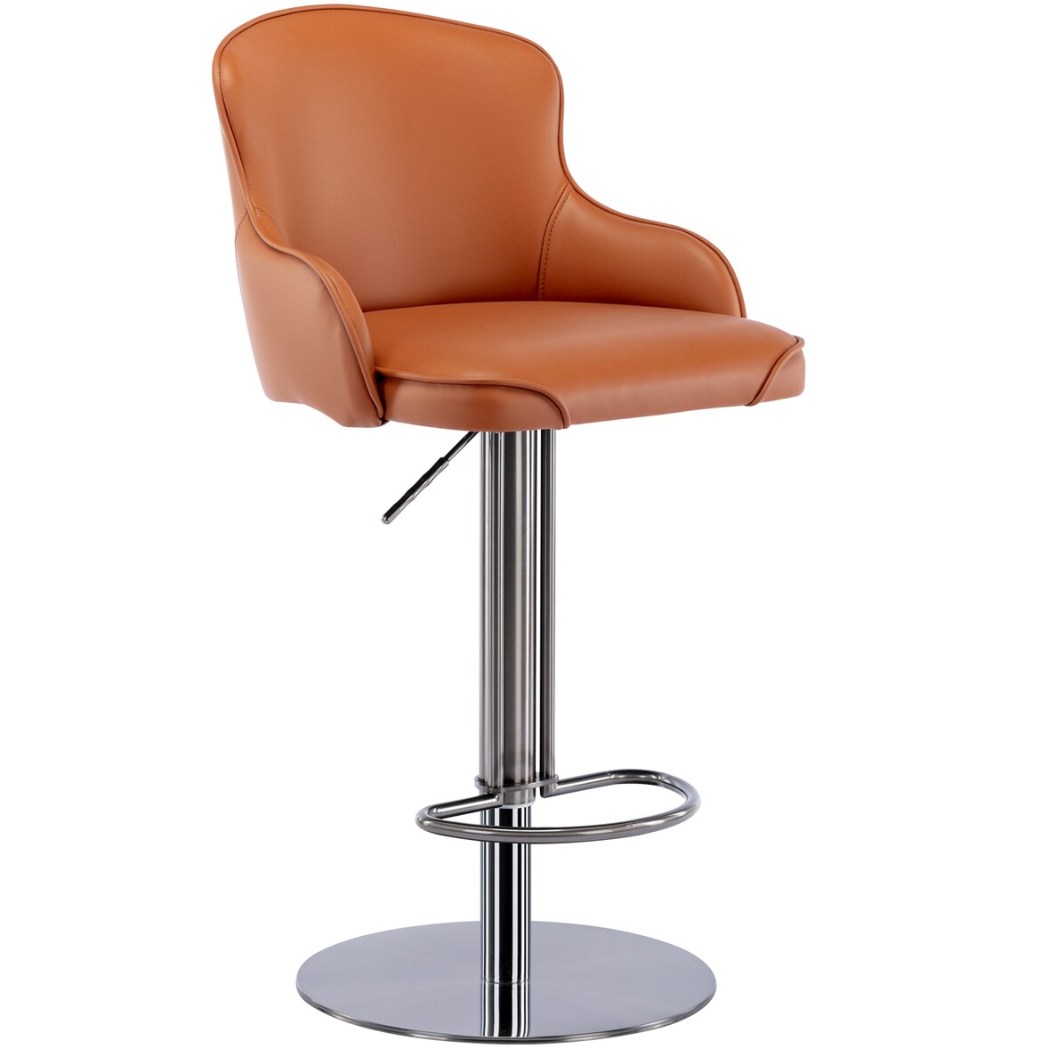 Barhocker Edelstahl Braun höhenverstellbar drehbar mit Rückenlehne und Fußstütze, Nappaleder Sitz, stabiler Standfuß, 116x53x53 cm