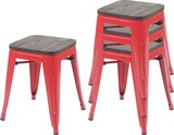 thumbnail of 4er-Set Hocker inkl. Holz-Sitzfläche | Metall, Industriedesign, stapelbar | Rot | Metallhocker Sitzhocker
