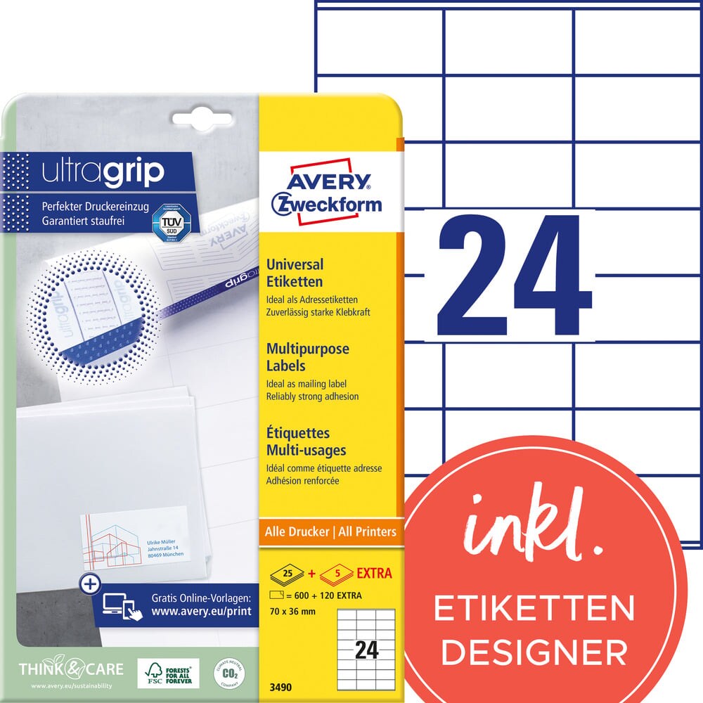 Avery Zweckform 3490 Universal-Etiketten, A4 mit ultragrip, Adressaufkleber, 70 x 36 mm, 30 Bogen/720 Etiketten, weiß