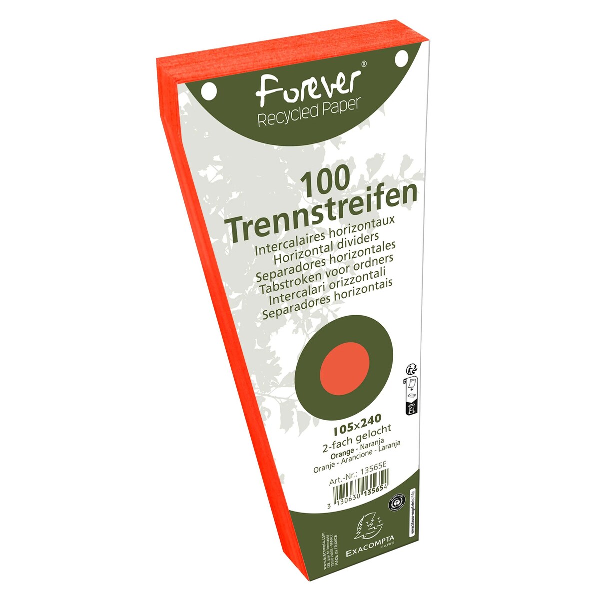 Exacompta - Réf. 13565E - Carton de 6 Paquets de 100 fiches intercalaires trapézoïdales unies perforées Forever sous film 105 x 240 mm orange