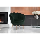 thumbnail of Samtstuhl für den Innenbereich in Muschelform, elegantes Design, mit Metallfüßen, ideal für Schlafzimmer oder Wohnzimmer – Perla – Dunkelgrün/Gold