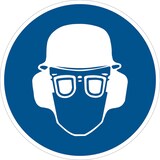 thumbnail of Gebotsschild, Kopf-, Gehör- und Augenschutz benutzen - praxisbewährt - 200 mm Folie selbstklebend