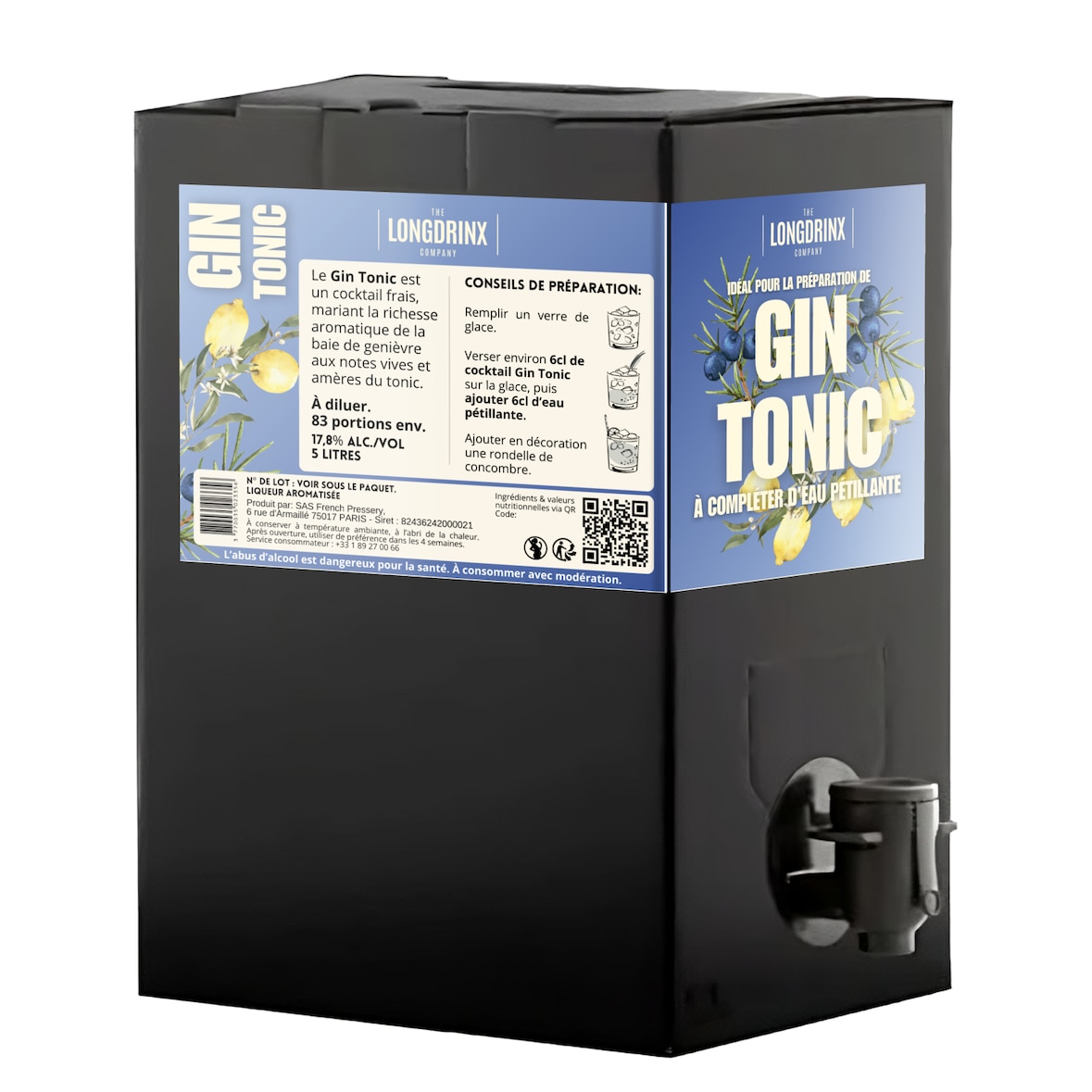 LONGDRINX - Cocktail GIN TONIC à compléter d'eau pétillante - GIN TONIC CUBI 5 litres - 17,8% alc.