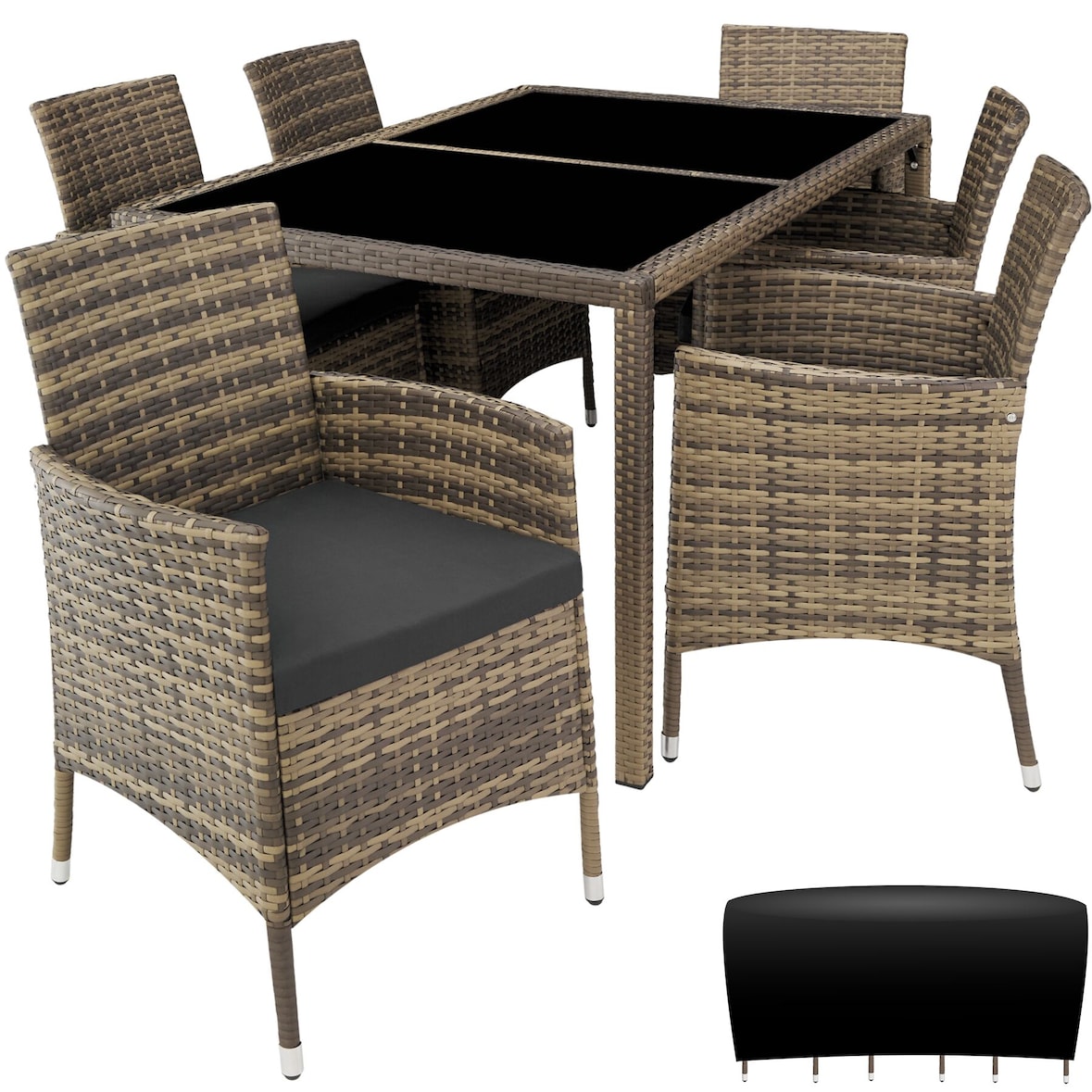 tectake Conjunto de rattan PORTO 6+1 com capa protetora  Natural/Cinzento Escuro