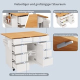 thumbnail of Kücheninsel Küchenwagen auf Rollen Weiß 122x74x92 cm mit klappbarer Tischplatte 8 Schubladen Schrank verstellbare Böden Gewürzregal