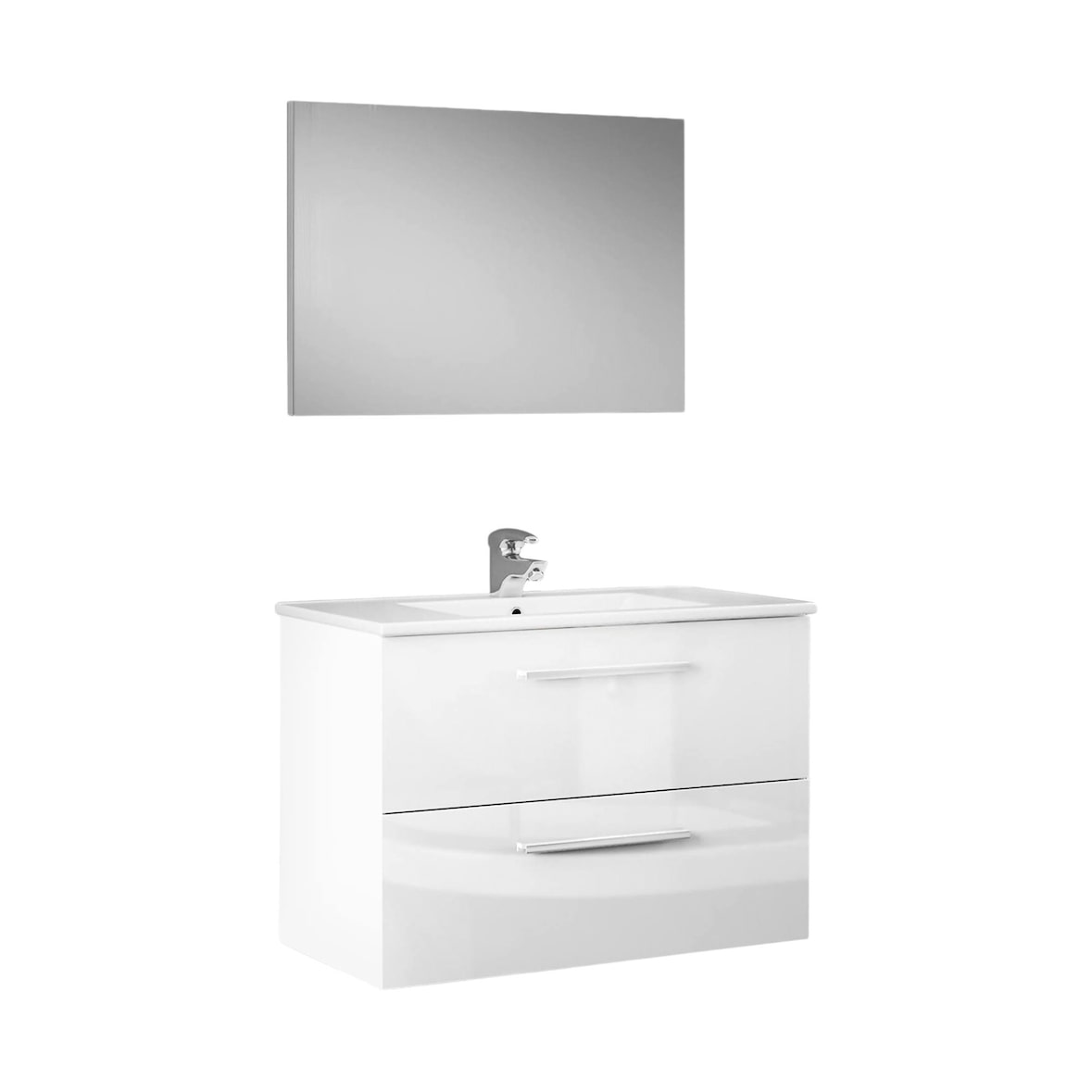 Dmora Mobile sottolavabo Inglewood, Mobiletto per bagno sospeso, Armadio a 2 cassetti e specchio, 80x45h57 cm, Bianco lucido
