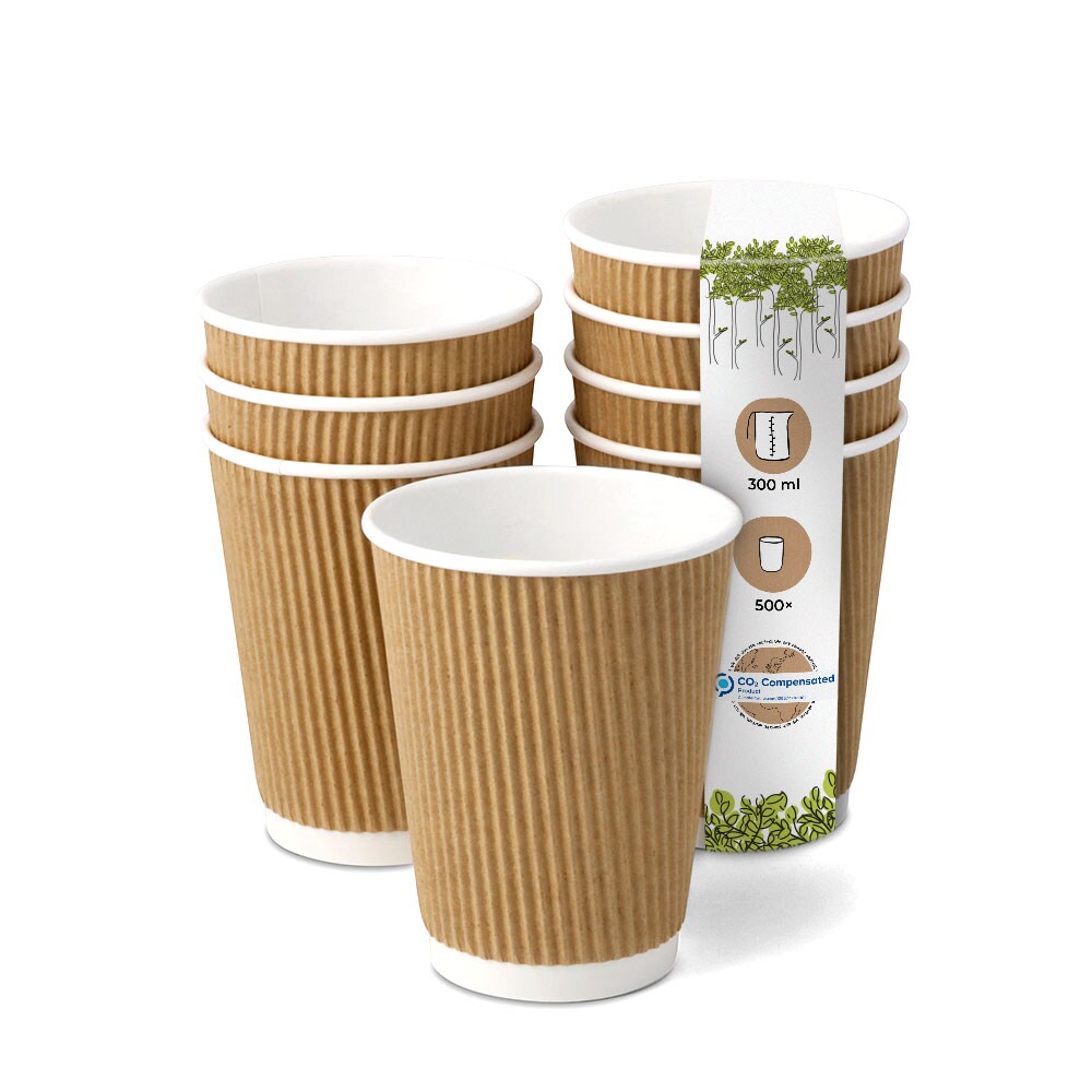 BIOZOYG 500 Stück Riffelbecher 300ml / 12oz Kaffee To Go Pappbecher, Braune Einwegbecher, Nachhaltig, Biologisch Abbaubar, Einwegbecher
