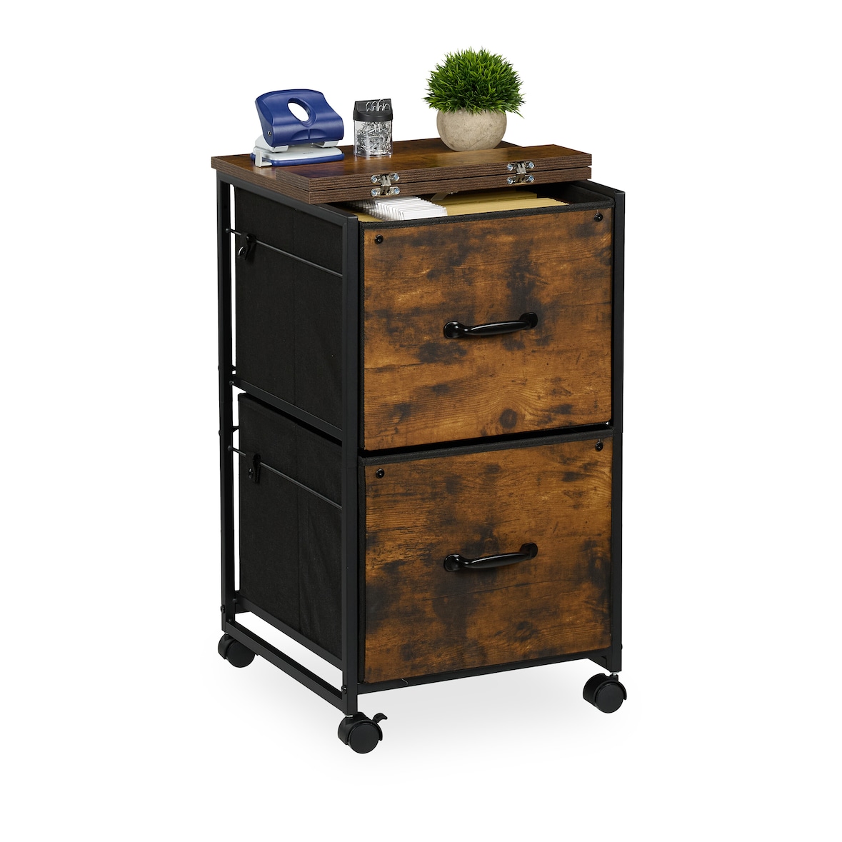 Relaxdays Rollcontainer, 2 Schubladen mit Hängeregister, Industrial-Design, HBT 68x40x40 cm, Aktenschrank, braun/schwarz