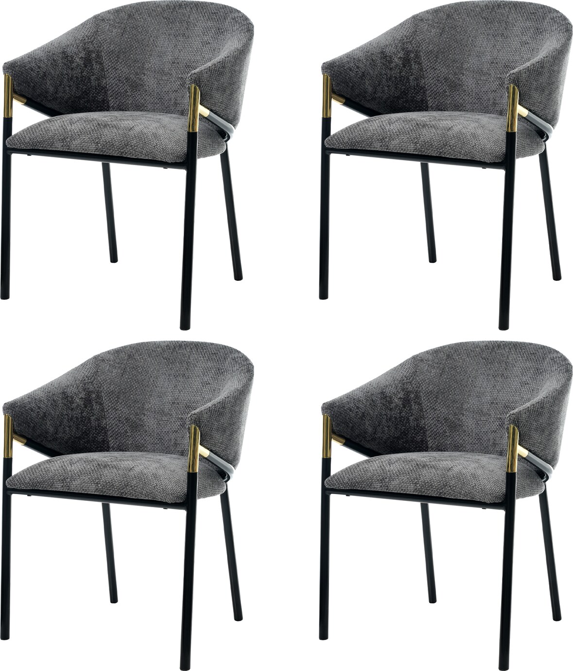 4 Esszimmerstühle Chenille Grau mit Armlehnen, goldfarbene Edelstahl-Details, dick gepolstert, Belastbarkeit bis 150 kg