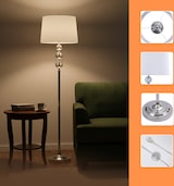 thumbnail of Relaxdays Stehlampe, Stoffschirm, Metall, E27, HxD: 155 x 35,5 cm, Kristall-Design, Standleuchte Wohnzimmer, silber/weiß