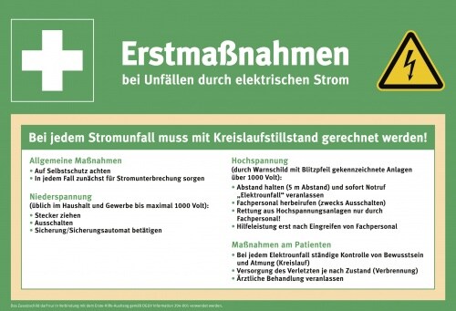 Zusatzschild Erstmaßnahmen bei Unfällen mit elektr. Strom, PVC, 410x280 mm