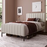 thumbnail of Polsterbett 90x200 cm mit höhenverstellbarem Kopfteil – Komfort für modernes Schlafzimmer, Grau-Beige, Massivholz, Metall, Leinen