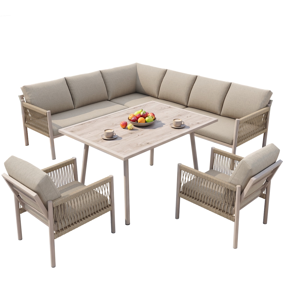 Merax Gartenlounge Set für 7-8 Personen, inkl. Tisch mit Holzoptik-Glasplatte, 2 Sesseln & 3 2-Sitzer-Sofas mit Seilgeflecht, Beige