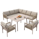 thumbnail of Merax Gartenlounge Set für 7-8 Personen, inkl. Tisch mit Holzoptik-Glasplatte, 2 Sesseln & 3 2-Sitzer-Sofas mit Seilgeflecht, Beige