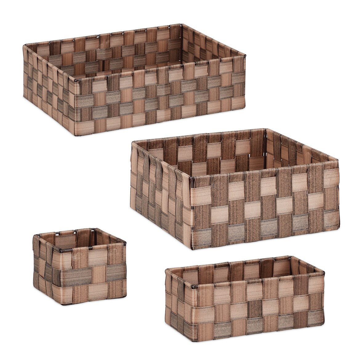 Relaxdays Aufbewahrungskorb, 6er Set, 4 Größen, Körbchen in Holzoptik, geflochten, Schrank & Regal, Kunststoff, braun