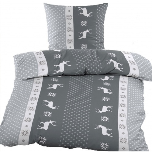 Biber Winter Bettwäsche 135 x 200 + 80x80 cm, 100% Baumwolle, grau weiss, Streifen/Hirsche