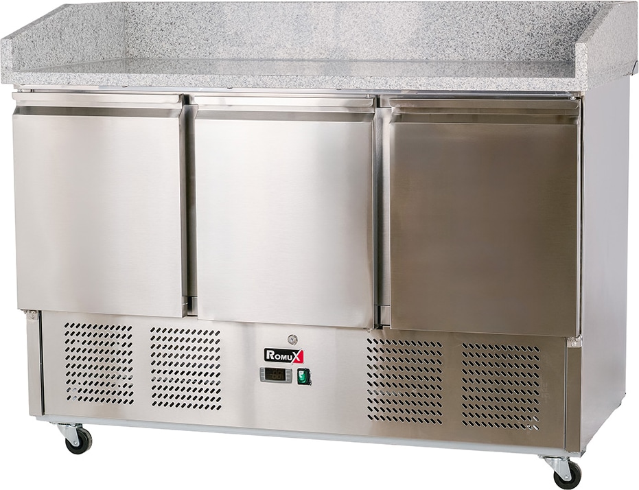 Romux® Pizzatisch 3 Türen 140x70 cm mit Arbeitsfläche aus Granit mit statische Kühlung | Pizzakühltisch aus Edelstahl