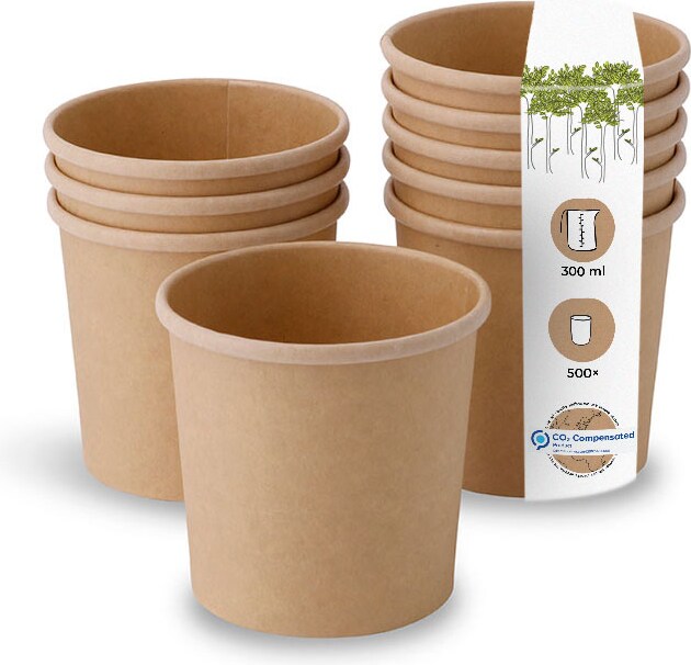 BIOZOYG 500 Stück Pappbecher 300ml für Eintöpfe und Eis aus ungebleichtem Kraftkarton, braun, Suppenbecher, Einwegbecher, biologisch abbaubar