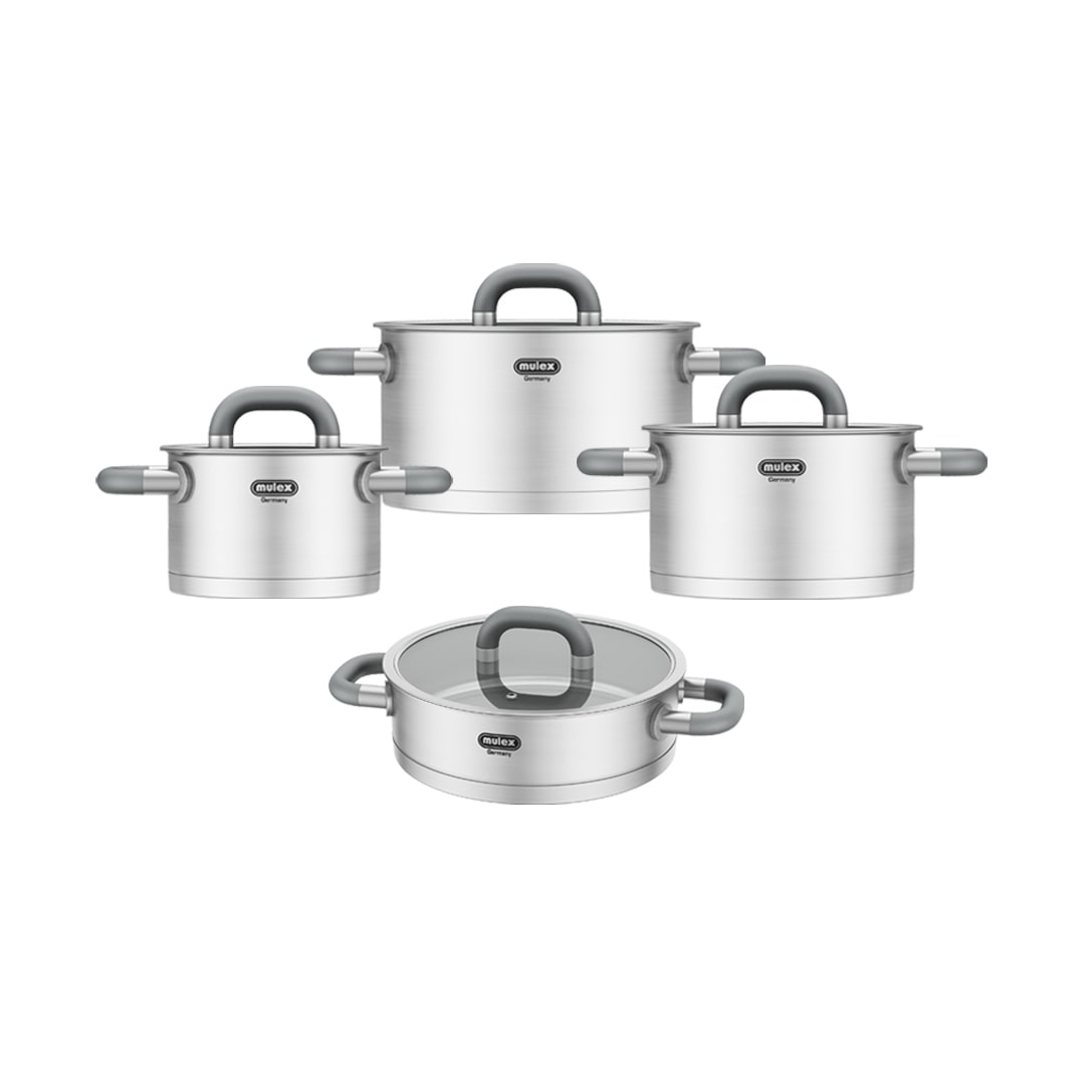 Mulex, Topfset LUGANO aus Edelstahl 6-teilig, + Servierpfanne, für alle Herdarten, mit Deckel, Induktions Töpfe Set