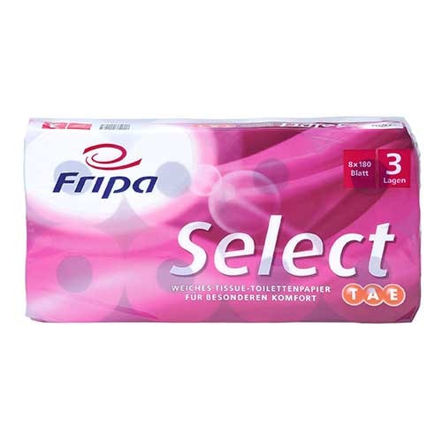 Fripa 8 Rollen Toilettenpapier, 3-lagiges Tissue Ø 12 cm · 13 cm x 9,8 cm hochweiss "Select TAE" 180 Blatt
