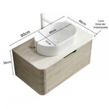 thumbnail of Badezimmer-Waschtisch 50×80×46 cm mit ovalem Waschbecken aus Keramik und Travertin-Sintersteinplatte, Eiche Beige+Off White+Weiß