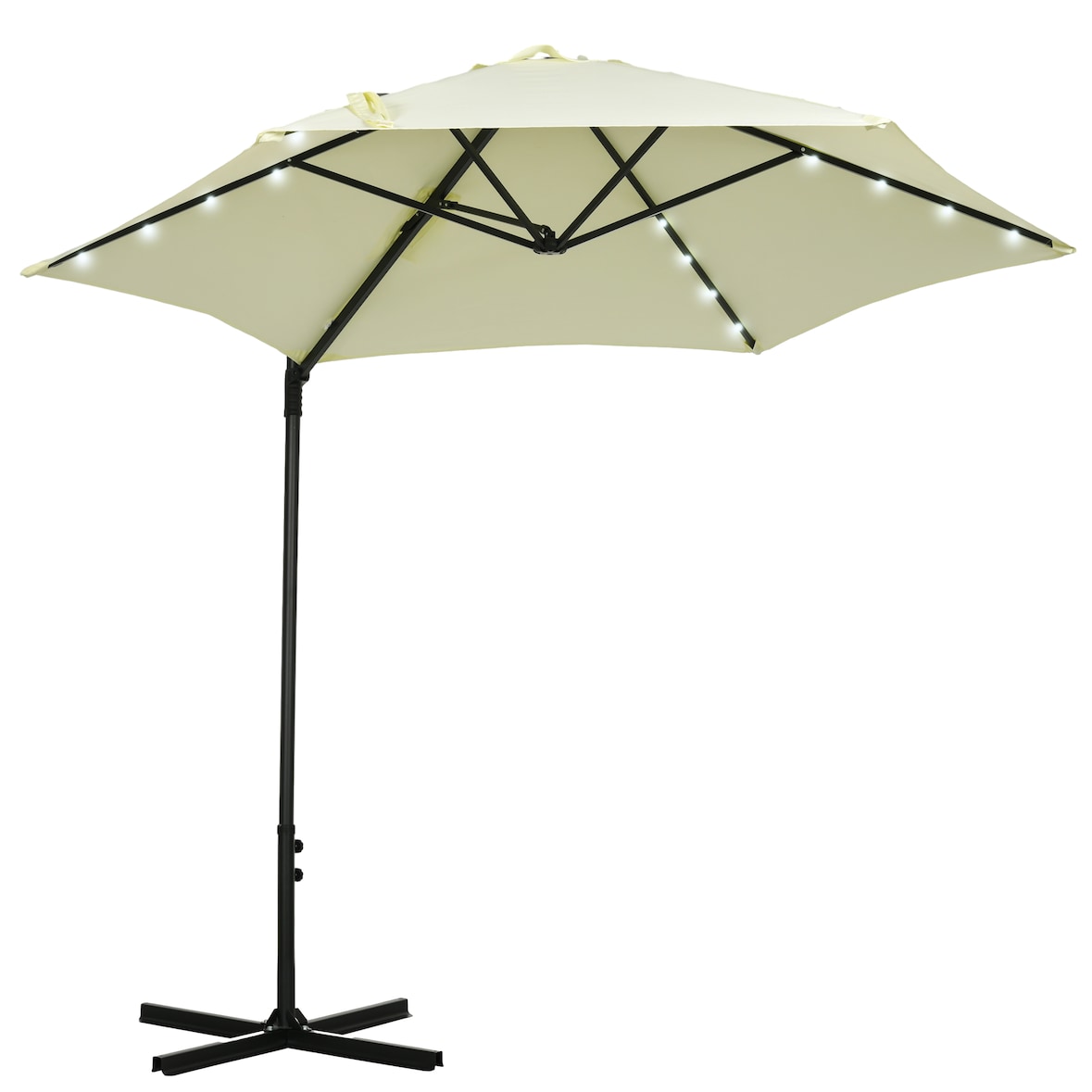 Sombrilla de jardín Ø256x248 cm parasol de terraza manual con luces LED solares poste giratorio 360° y ventilación superior para jardín piscina beige