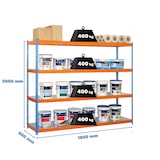 thumbnail of SimonRack Estante industrial, 2000x1800x600 mm, 400 kg no ponto de flexão, 4 prateleiras metálicas, Azul/Laranja/Galvanizado- Ecoforte