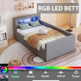 thumbnail of Polsterbett 90x200 mit LED-Licht und Stauraum, Hellgrau, hydraulischer Bettkasten, Lattenrost inklusive – modernes Kinderbett