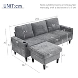 thumbnail of L-förmiges Ecksofa 202x137x80 cm mit Fußhocker, Getränkehaltern, USB, Stauraum, Holz- & Eisenrahmen, Leinenstoff, modern, komfortabel, Grau