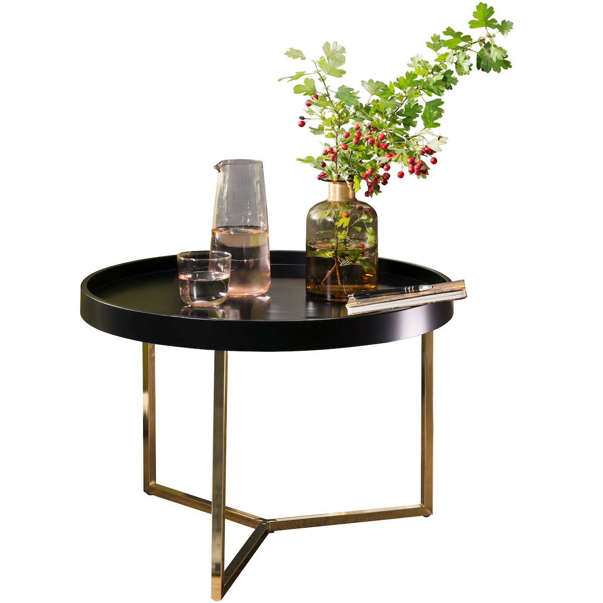 Sofatisch `Lia` Rund: Retro Stil, Metallgestell, abnehmbares Tablett, Anti-Rutsch-Noppen, Gold/Schwarz, 58x58x42 cm | Kadima Design